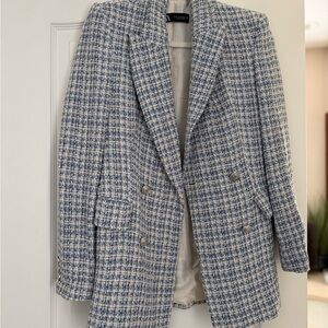 Zara Blue and White Tweed Blazer